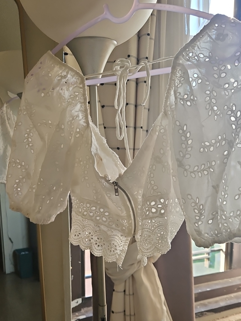 Altar'd State White Eyelet Puff-Sleeve Crop Top with Scalloped Hem